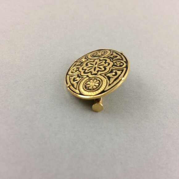 Vtg Toledoware Faux Damascene Oval Brooch Pin Arabesque Flower Goldtone Black - Picture 4 of 12